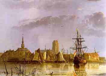 Painting by Alber Cuyp of 17e century Dordrecht, seen from the river Maas. This early morning scene, with its golden expanse of sky and water, is one of Cuyp�s most ambitious attempts to render light and atmosphere. The painting may ultimately reflect the influence of Claude Lorrain, whose landscapes impressed many Dutch artists. Cuyp depicts the port city of Dordrecht as seen from the north, looking across the river Merwede. Most prominent among the recognizable buildings is the Groote Kerk, the church on the horizon to the left of the large boat in the foreground. Click on the picture if you want to see a larger image.