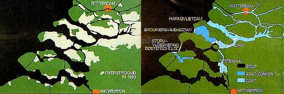 This drawing on the left shows the areas that were flooded during the 1953 disaster, on the right the Sea-Defenses Plan, Deltaplan, is depicted (barriers and bridges).