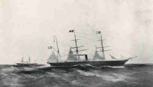Hammonia, Hamburg America Line. The Hammonia was built in 1867, about 2,965 tons, and was  intended for Atlantic runs. She was sold to Russia in 1878. The Borussia is in the background 