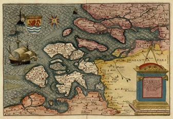 Gerard de Jode, 1509-1591, map of Zealand (Zeeland), Netherlands. Gerard de Jode was a cartographer, engraver, printer, printseller, and publisher. Born in Nijmegen; died in Antwerp. His maps in his Speculum Orbis Terrarum were the most accurate of the period and are rare, as he lacked the marketing skills of Ortelius far fewer of his atlases were printed and sold