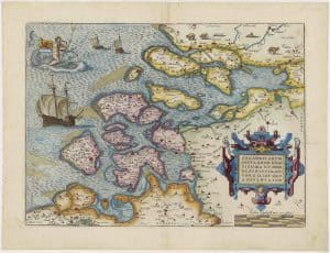 Jacob van Deventer (1505-1575) Zelandicarum Insularum exactissima et nova descriptio, Auctore D. Jacobo a Daventria. Publisher: Abraham Ortelius? Coloured engraving. Map of Zeeland and neighbouring Dutch Flanders, West Brabant, South Holland up to Delft, Schoonhoven, Gorinchem, 's Gravenmoer etc.